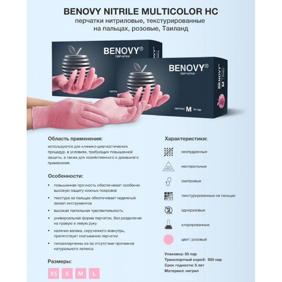 Перчатки нитриловые Benovy XS (100 шт.) Розовый